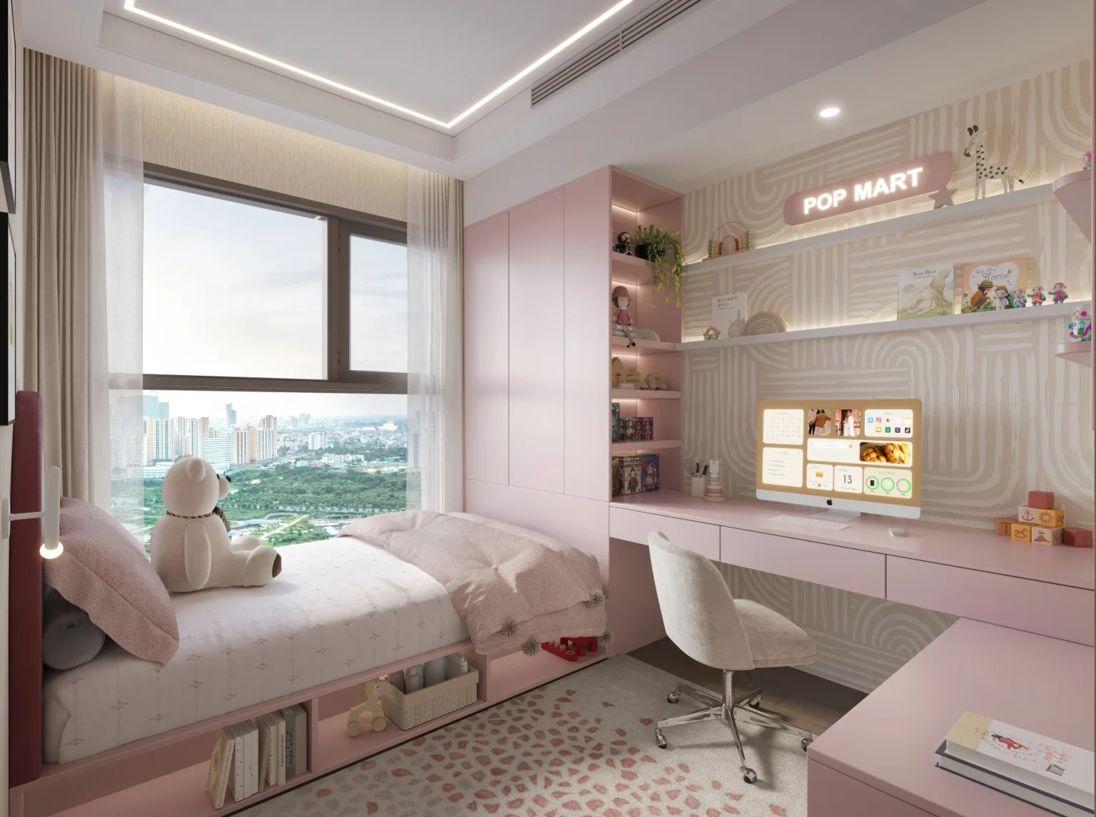 Phòng ngủ trẻ em ứng dụng nghệ thuật phối màu mảng lớn, thường chọn tone màu pastel nhẹ nhàng, hình khối bo góc mềm mại.