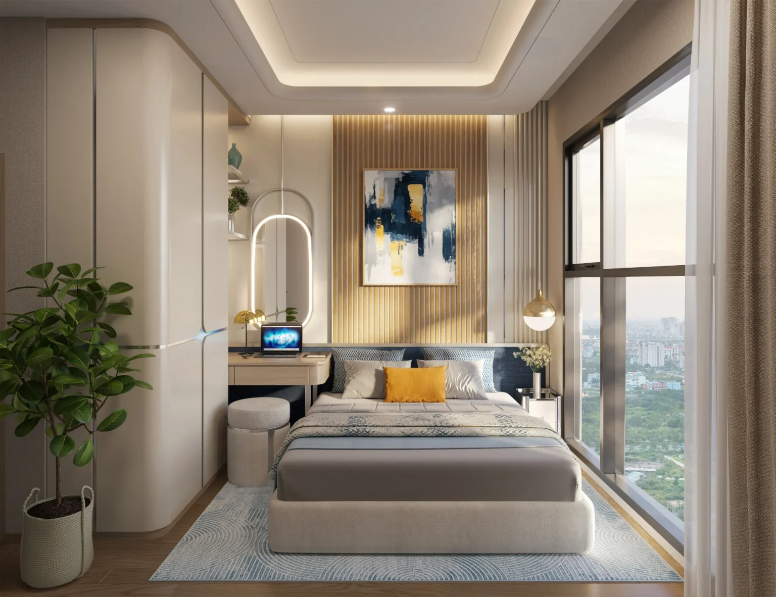 Không gian nghỉ ngơi của căn hộ 2 phòng ngủ là sự kết hợp hoàn hảo giữa vật liệu cao cấp, ánh sáng tinh tế và màu sắc trang nhã, đem lại cảm giác thư thái cho gia chủ.